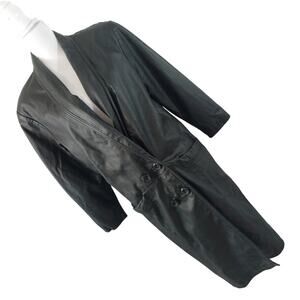 INTERNATIONAL LEATHER! BLACK GENUINE LEATHER DOUBLE BREASTED TRENCHCOAT! SZ M